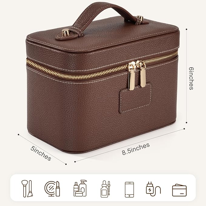 Makeup Bag Travel Toiletry Leather Cosmetic Case, Waterproof Makeup Organizer with Brush Holder, Wipe Clean Removable Divider Vanity Train Bag for Women, Brown Coffe - Image 3