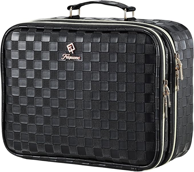 Makeup Bag with LED Lighted Mirror 12.2 IN Cosmetic Train Case Double Layer Makeup Case Adjustable Brightness in 3 Colors Cosmetic Organizer Artist Storage with Brush Holder Vanity Black Checkerboard by Faquenc