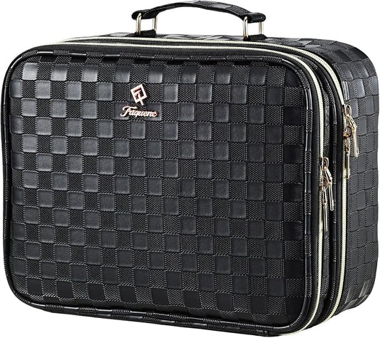 Makeup Bag with LED Lighted Mirror 12.2 IN Cosmetic Train Case Double Layer Makeup Case Adjustable Brightness in 3 Colors Cosmetic Organizer Artist Storage with Brush Holder Vanity Black Checkerboard by Faquenc