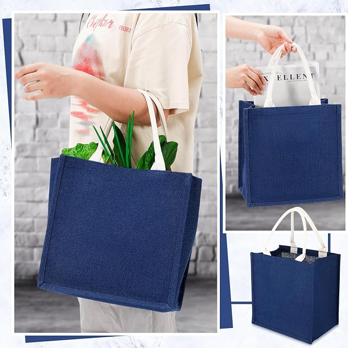 Saintrygo 12 Pcs Burlap Jute Tote Bags with Handle Reusable Blank Bridesmaid Gift Bags for Shopping Wedding DIY, 12x12x7.7In (Navy Blue) - Image 4