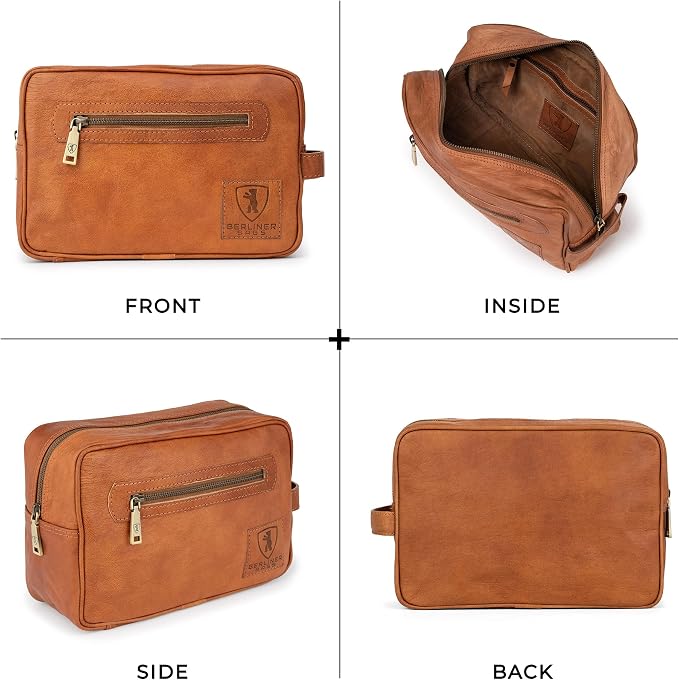 BERLINER BAGS Vintage Genuine Leather Toiletry Bag Paul, Large Capacity Cosmetics Bag for Men and Women for Travel - Brown (1 Compartment) - Image 6