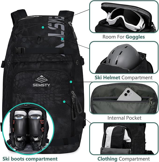Ski Boot Bag, 55L/70L Waterproof Ski and Snowboard Boots Travel Backpack for Skis, Snowboard, Ski Helmet, Goggles, Gloves & Accessories - Image 3