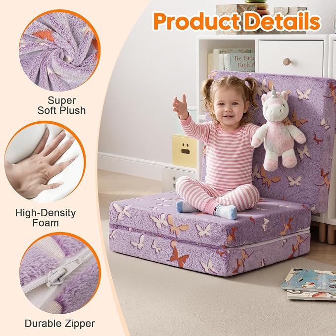 MeMoreCool Glow Butterfly Kids Foldable Floor Mattress, 57x22 Inch Purple | Glow butterfly foldable mattress for girls room, playroom and reading nook - Image 4