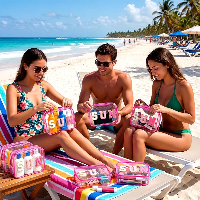 Kacctyen 12 Pcs Clear Sun Makeup Bags Bulk Sunscreen Pouch for Beach Pool Waterproof Toiletry Cosmetic Zipper Organizer with Preppy Chenille Letter Patch Women Girls Summer Vacation Gifts Essentials - Image 6