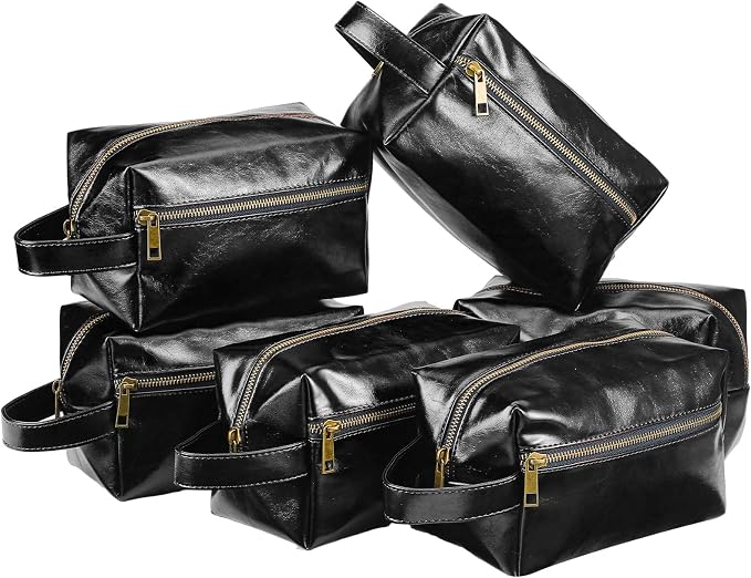 Hillban 6 Pcs Groomsmen Gift Men Travel Toiletry Bag, Bestmen Gifts Set, Leather Toiletry Bag with Side Handle Water Resistant Bathroom Supplies for Wedding Party Favor(Black) by Hillban