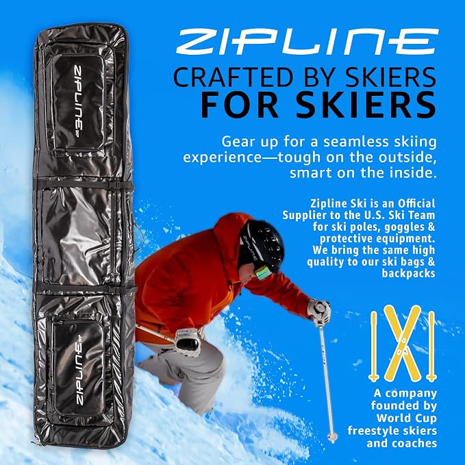 Zipline Ski Double Ski Bag with Wheels - Gear & Apparel Storage for Skiers - 180/200 cm Capacity - Durable & Waterproof - Proven Performance - 3 Yr Warranty - Ski & Snowboard Travel Bag - Image 2