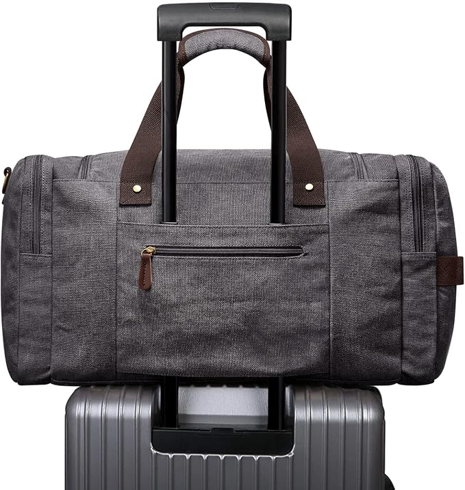 S-ZONE Canvas Duffel Bag for Travel 65L Weekender Overnight Travel Bags with Shoes Compartment for Men | Water-resistant, X-Large Size, Multi-Pockets, Removable Shoulder Strap, for Gym or Travel, Grey - Image 7