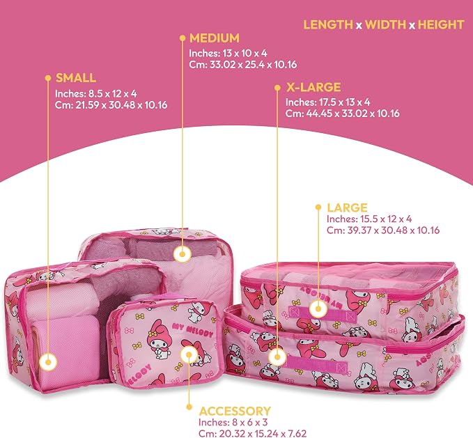 Sanrio's Hello Kitty Packing Cubes - 5 Piece Packing Cube Bags - Travel Essentials - Suitcase Luggage Organizer Set - Hello Kitty and Friends, My Melody, Kerromi, Kerropi, Badtz-Maru (My Melody) - Image 2