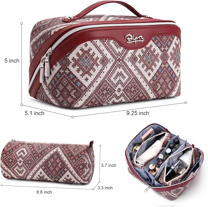 BOYATU Travel Makeup Bag Organizer: Boho Large Capacity Cosmetic Bag Sets | 3Pcs Waterproof Leather Toiletry Bags | 180°Open Flat Make up Case with Compartments | Western Travel Essentials for Women - Image 2