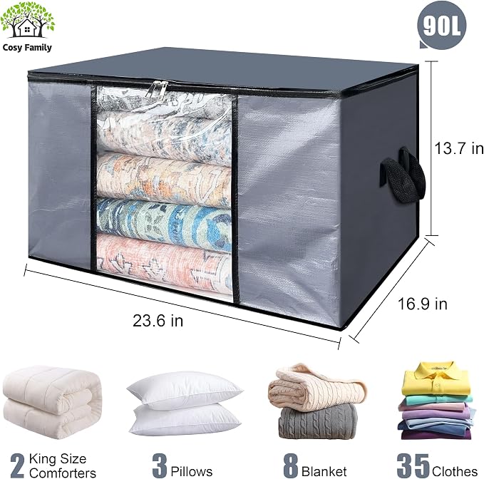 Cosy Family 12 Pack 90L Heavy Duty Extra Large Moving Bags with Reinforced Handle - Strong Handles & Zippers, Storage Totes For Space Saving, Fold Flat, Alternative to Moving Box, Grey - Image 2