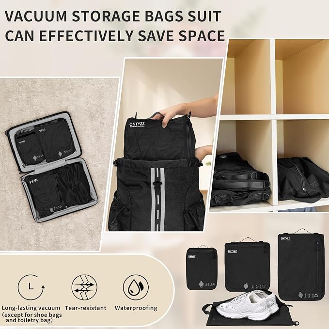 ONTYZZ Vacuum Bags for Travel, Professional Reusable Organizer Bag with IPX8 Waterproof Zipper, Durable Seal Space Saver and ShoseBags for Traveling Essentials, Black (5 Set With Pump) - Image 5