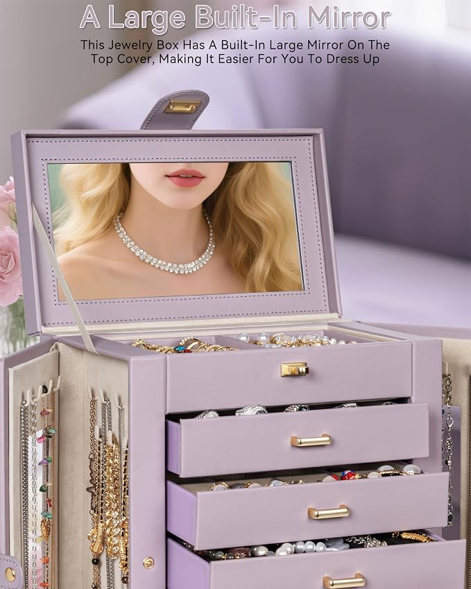 AKOZLIN 6-Tier Jewelry Box Organizer Functional 5 Drawers Leather Jewelry Storage Case for Women Girls Ring Necklace Earring Bracelet Holder Organizer with Mirror XL Purple 360° Rotating - Image 5