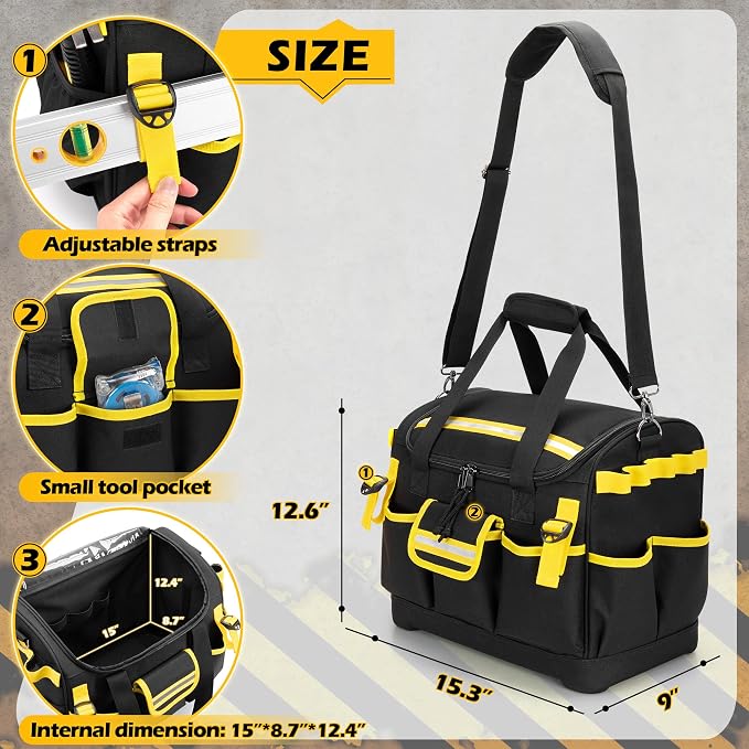 15-Inch Tool Bag with Hard Bottom, Electrician Tool Box Organizer | Detachable Dividers, Multiple Pockets, Reflective Strips, Padded Handle & Shoulder Strap, Ideal for Repairman, Craftsman - Image 4
