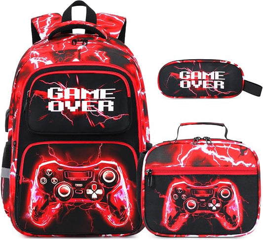 Bevalsa Backpack for Boys, School Bags for Kids, Bookbag for Boys Children Teens Backpacks for Elementary Middle High School Student, Bookbag and Lunch Bag Set with USB Charging Port (Red Lightning) by Bevalsa