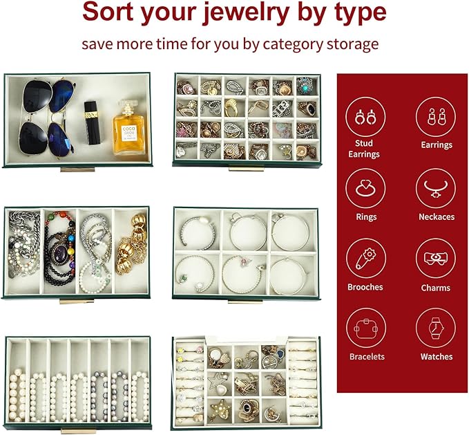 BOOVO Jewelry Box for Women, Green 6 Layer Large Jewelry Organizer with Glass Lid for Necklace, Bracelet, Earrings Storage, Jewelry Organizers and Storage for Girls Gift (Green and Gold, 6 layer) - Image 3