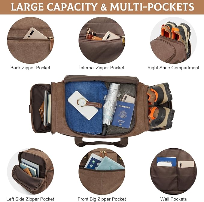 S-ZONE Canvas Travel Duffel Bag Weekend Overnight Bag for Men and Women | Water-resistant, X-Large Size, Multi-Pockets, Removable Shoulder Strap, for Gym or Travel, Coffee - Image 3