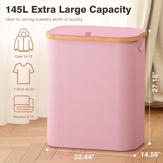 Hampers for Laundry Basket with Lid, 145L Large Laundry Hamper 3 Section | Dirty Clothes Hamper Separator with 3 Removable Bags & 5 Labels, Divided Laundry Organizer for Bedroom, Laundry Room, Pink - Image 2