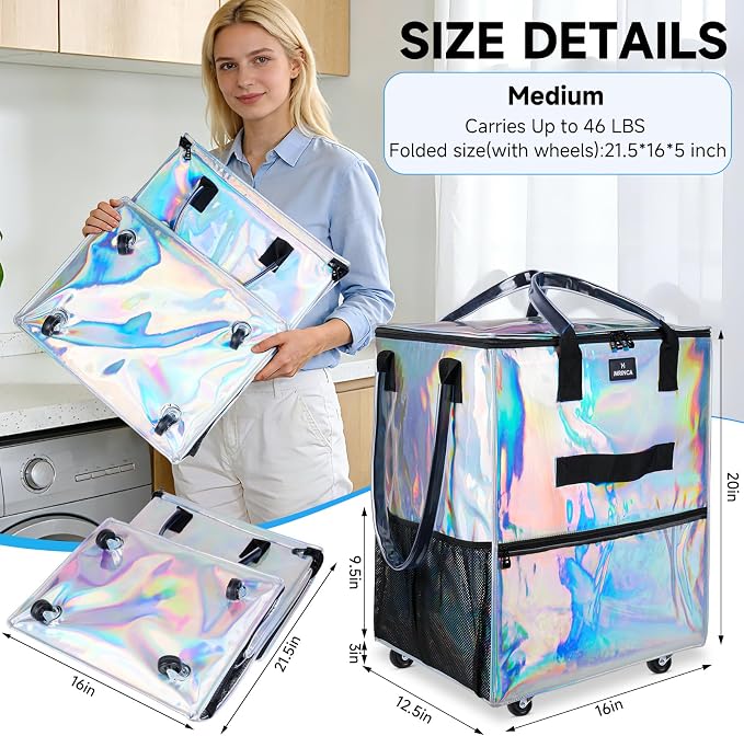 Reusable Grocery Bag On Wheels, 70L Foldable Rolling Tote Bag, Heavy Duty Shopping Cart, Water Resistant, 6 Pockets, Collapsible Portable Shopping Trolley for Travel Camping, Medium Gradient Silver - Image 2