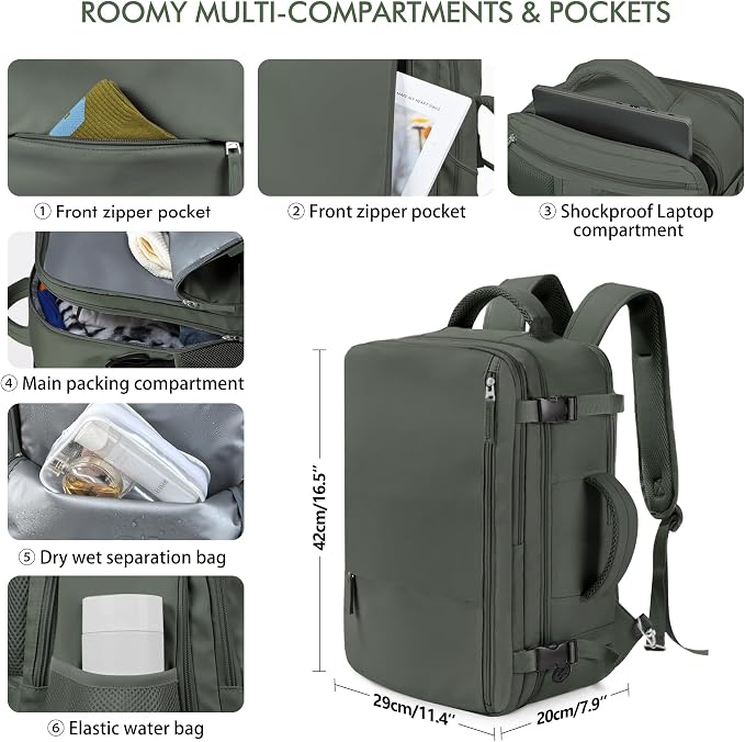 Beraliy Travel Backpack for Men Women, Carry On Backpack, 16 Inch Laptop Backpack, Waterproof Hiking Backpack, Casual Outdoor Daypack College Bag, Olive-green - Image 6