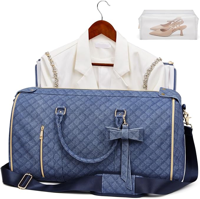 Garment Bags for Travel, Convertible Suit Travel Bag for Women, Stylish Carry On Garment Bag with Toiletry Pocket, Shoulder Strap & Shoes Compartment, 2 in 1 Foldable PU Leather Duffle Bag, Navy Blue - Image 2