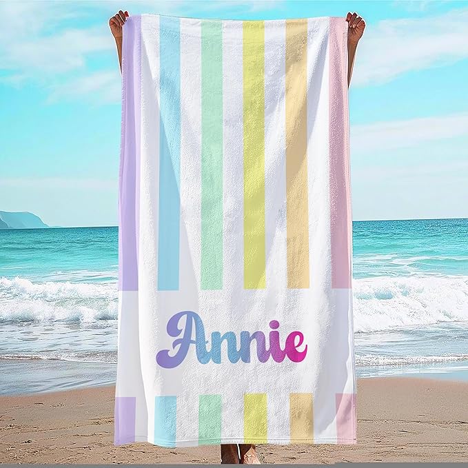 JML Personalized Beach Towel with Name, Custom Rainbow Cabana Stripe Beach Towel, Customized Microfiber Pool Towel, Quick Dry & Absorbent Swim Towel for Adult,Anniversary, Birthday, Summer Holiday by JML