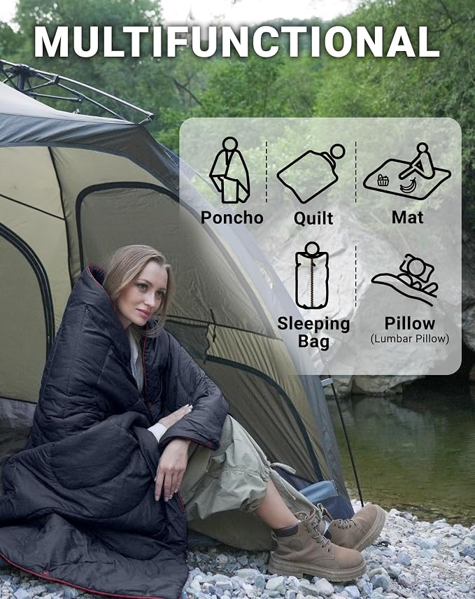 KingCamp Ultralight Camping Blanket, Packable Down Alternative Puffy Wearable Blankets Weatherproof Warm Package Quilt with Snap Buttons for Outdoor Hiking Travel Picnic Stadium (69"L x 53"W, Black) - Image 8