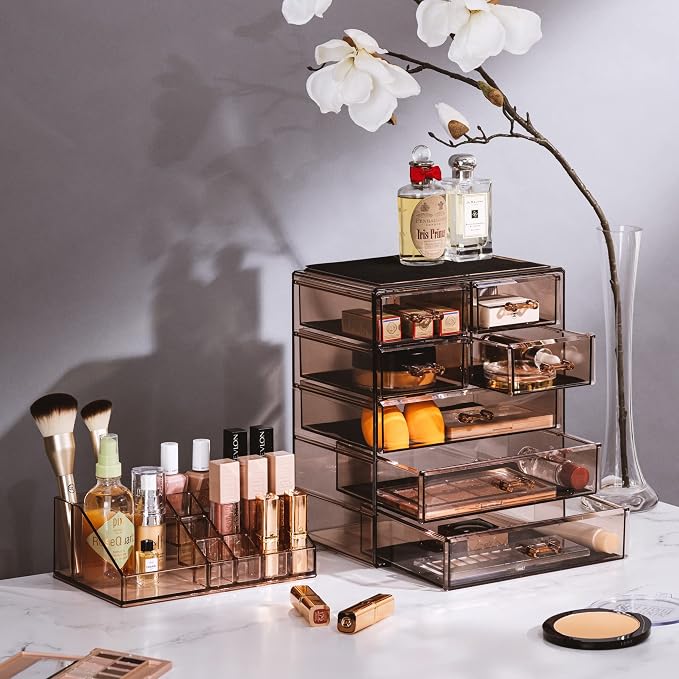 Sorbus Acrylic Makeup Organizer Set, 7-Drawer Vanity & Countertop Cosmetic Storage with Small & Wide Compartments, Bronze Glow Makeup Storage for Brushes, Jewelry – Holiday Gift for Women & Teens - Image 2