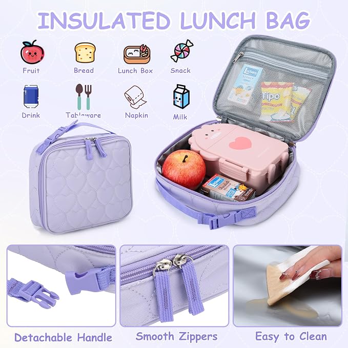 Chase Chic Toddler Backpack for Girls, Puffer Cute Lightweight Preschool Backpack with Lunch Box Set for Daycare Travel Kids Age 3-6,Purple Heart - Image 5
