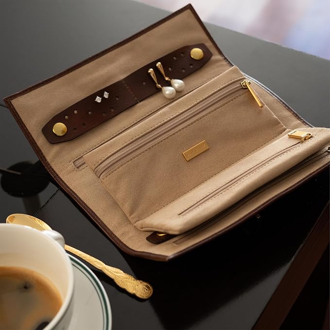 Time Resistance Leather Jewelry Roll - Full Grain Leather Travel Jewelry Case - Jewellery Organizer Made in Italy (Brown) - Image 2