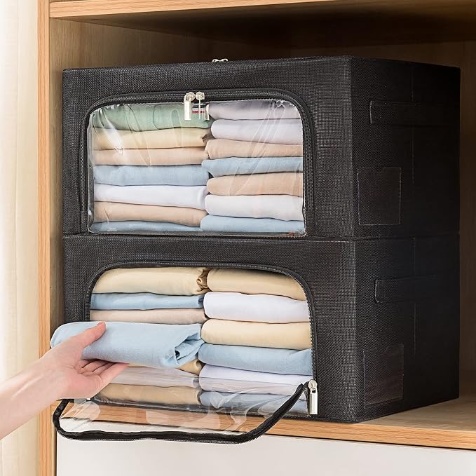 CYhom Clothes Storage Bins Box - Linen Fabric Foldable Stackable Container Organizer Set with Clear Window & Carry Handles & Metal Frame (Black, Large-66L) - Image 8