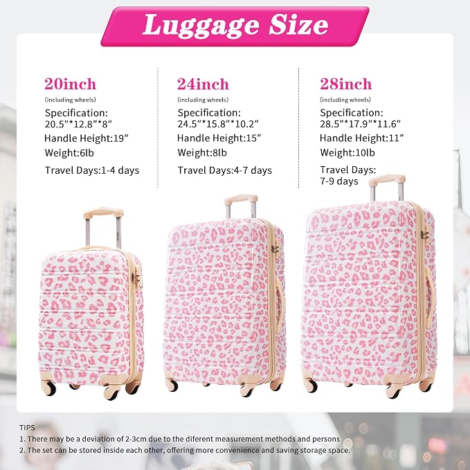 Merax Suitcase Set, Hardshell Luggage Sets 3 Piece with Spinner Wheels | Expandable Durable Suitcase with TSA Lock Lightweight 20" 24" 28", Pink Leopard - Image 2