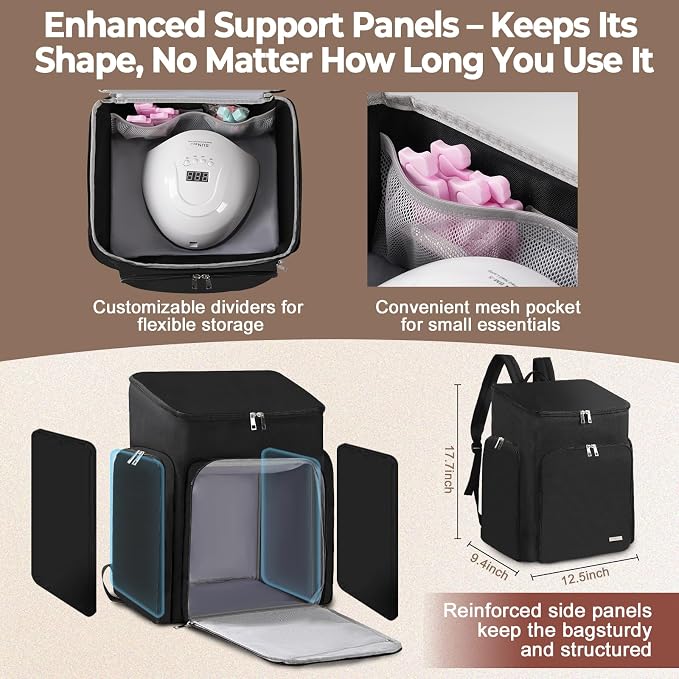 DERSTUEWE Professional Nail Polish Organizer Backpack, Black Storage Case with Multiple Compartments, Portable Travel Carrying Bag for Nail Art Supplies - Image 4