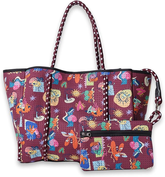 POPUPS Large Neoprene Tote Bag for Women - Everyday Designer Handbag for Travel Work and Beach with Pockets and Zipper Pouch by POPUPSBrand
