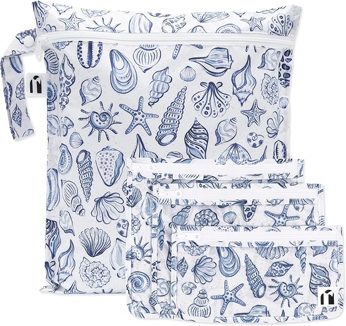 Bumkins Roamio Wet Bag and 3-Pack Clear-Sided Travel Pouches, Waterproof Fabric Organizer for Toiletries, Gym Clothes, Swim Gear, Shoes, Accessories, TSA Compliant Packing Set, Blue Shells 4-pc Set by Bumkins