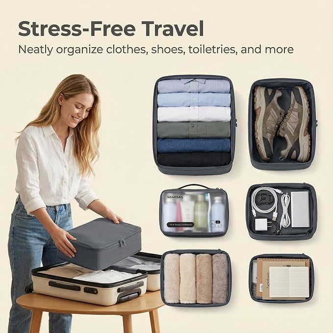 6 Set Compression Packing Cubes for 7–14 Day Travel, Charcoal Gray | Nylon Oxford Fabric, Full Breathable Mesh, Reinforced Double-Zipper, Small to Large Size Bag, Expandable Packing System - Image 6