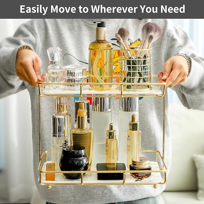 Bathroom Organizer Countertop Perfume Organizer Makeup Organizer Cosmetics Storage Display Rack Vanity Tray Dresser Stainless Steel Gold Shelf White Marble Ceramic Tray - Image 3