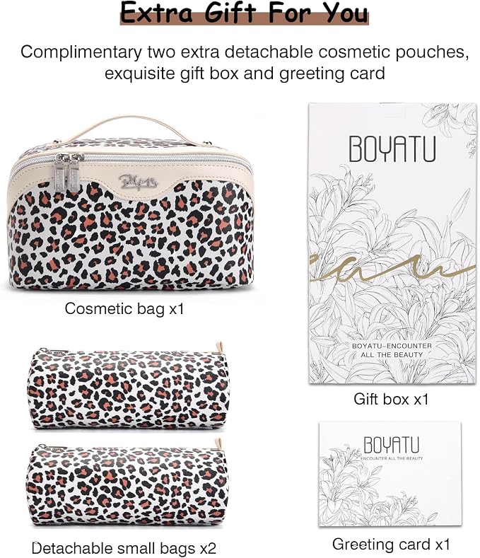 BOYATU Travel Makeup Bags Cosmetic Organizer Bag: 3 Pcs Set Large Capacity Make up Bag with Compartments - Waterproof Leather Toiletry Bags with Handle for Women (B-White) - Image 2