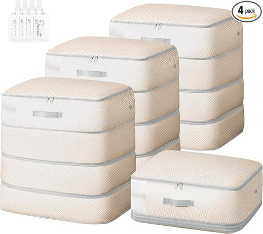 Comforter Storage Bag - 130L Large Capacity Blanket Storage Bags 4-Layer Ultra Space Saving Self Compression Organizer, Washable Compression Bags for Storage Comforter Blanket, 4-Pack, Beige by EasortmPackingCubes