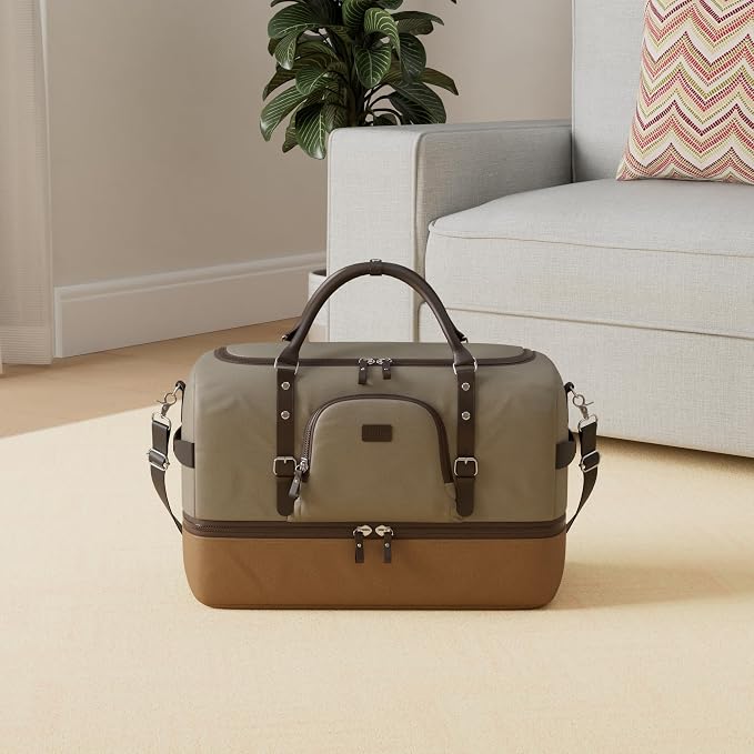 Nerlion Green Large Weekender Overnight Duffel Bag with Shoe Compartment and Leather Accents - Image 2