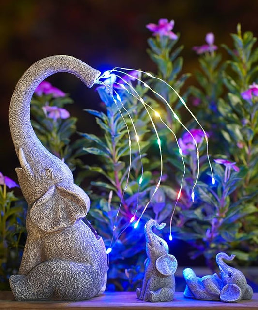 Qeeman Solar Elephant Statue Family Set 3Pcs: IP44 Weatherproof Outdoor Tricolour LED Lights Decor - Paths Patio Backyard Garden Sculpture Ornament for Mom Grandma Women
