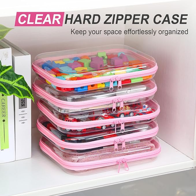 Sanwuta 6 Pcs Clear Hard Zipper Case Plastic Zipper Pouches Transparent Makeup Bag Pencil Case Pouches Toiletry Diaper Bag for Travel Toy Storage Organizer Bins(Pink,9.84 x 7.87 x 2 Inch) - Image 5