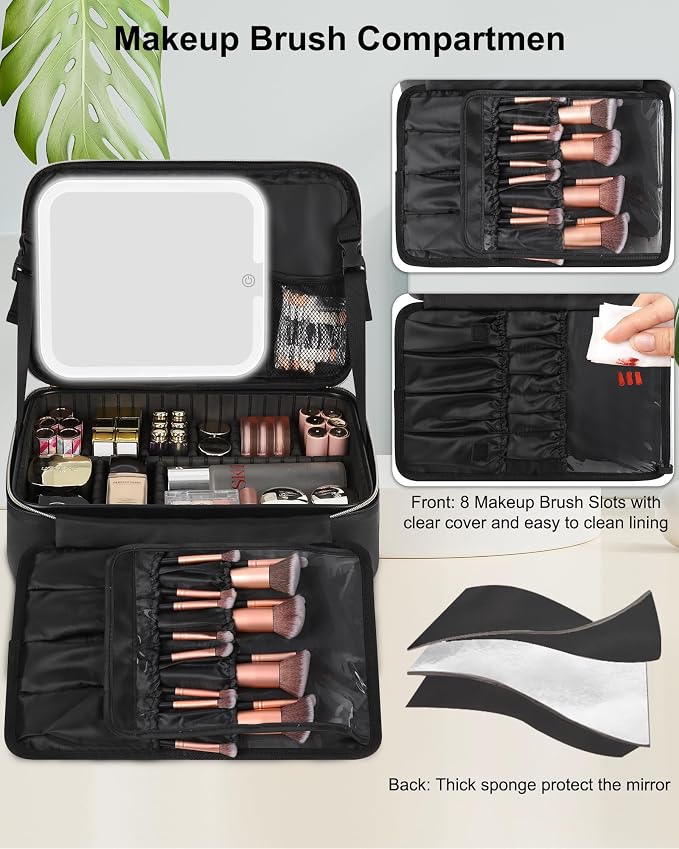 Chomeiu Makeup Bag with LED Mirror, Large Travel Cosmetic Train Case for Women, Makeup Artists Large Organizer Box with Vanity Light Up Mirror, 3 Color Lights, Adjustable Dividers (Black) - Image 3