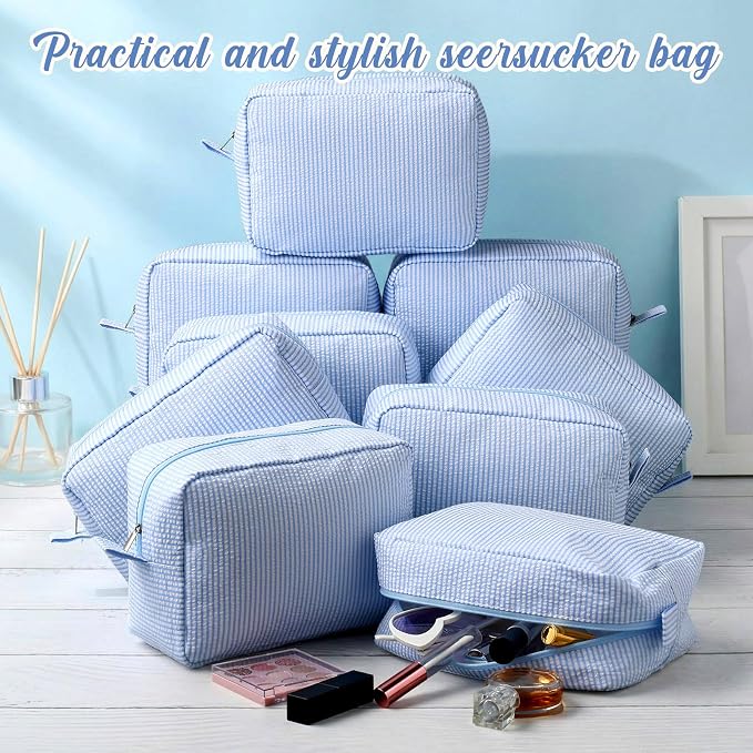 Sanwuta 9 Seersucker Cosmetic Bag Bulk Striped Makeup Bag for Women Aesthetic Cute Travel Toiletry Organizer Preppy Storage Pouch for Wedding Bridesmaid Mother's Day Teacher Gift (Large,Blue) - Image 4
