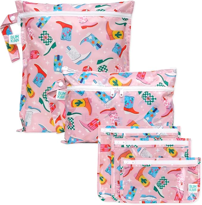 Bumkins - Waterproof Wet Bag, Wet/Dry Clutch & Clear Travel Bags - For Beach, Baby, Travel, Cloth Diapers, Pump Parts, Pool, Gym, Toiletries - Reusable & Easy to Clean - Cowgirl Boots - 5 Pack by Bumkins