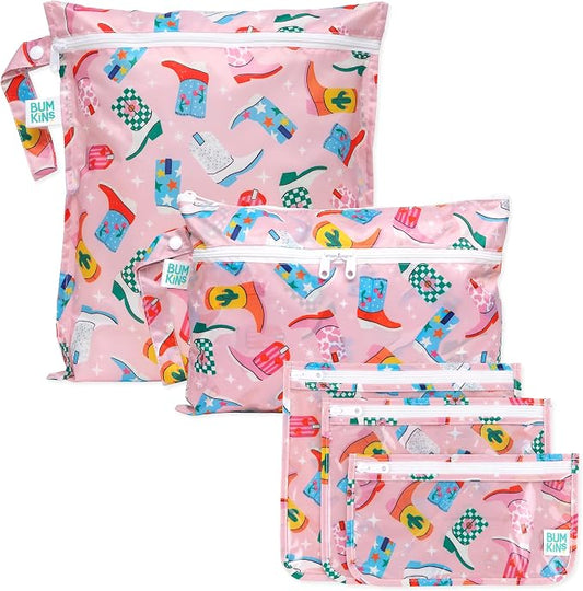 Bumkins - Waterproof Wet Bag, Wet/Dry Clutch & Clear Travel Bags - For Beach, Baby, Travel, Cloth Diapers, Pump Parts, Pool, Gym, Toiletries - Reusable & Easy to Clean - Cowgirl Boots - 5 Pack by Bumkins