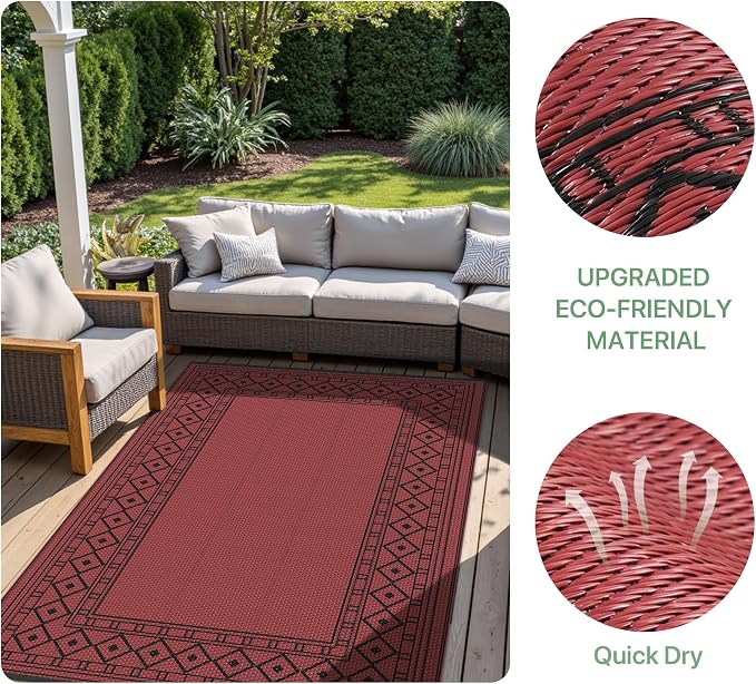 GENIMO Outdoor Rug, Waterproof Plastic Rugs for Patio, 6'x9' Red Black | Outside Larger Modern Carpet Mat for Porch Decor, Deck, Balcony, Camping, RV, Backyard, Picnic, Beach, Reversible - Image 7