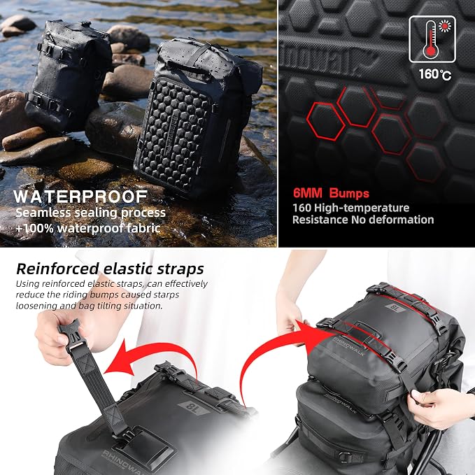 Rhinowalk Motorcycle Tail Bag, Travel Luggage Bags, Waterproof Rear Carrier, Motorcycle Rear Seat Bag Backpack, Rear Rack Trunk - Black 15L - Image 2