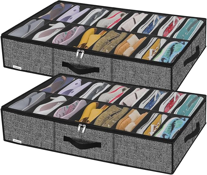 Onlyeasy Sturdy Under Bed Shoe Storage Solution Organizer For Closet Fit 16x2 Pairs, Underbed Shoes Container Bags with Reinforced Handles, Breathable, Linen-like Black, MXAUBS16P2 by Onlyeasy