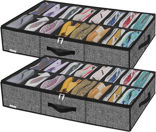Onlyeasy Sturdy Under Bed Shoe Storage Solution Organizer For Closet Fit 16x2 Pairs, Underbed Shoes Container Bags with Reinforced Handles, Breathable, Linen-like Black, MXAUBS16P2 by Onlyeasy