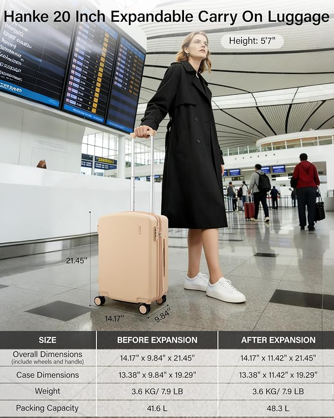 Hanke 20 Inch Expandable Carry On Luggage, 22x14x9 Airline Approved, TSA Lock Hard Shell Lightweight Suitcase for Men Women (Cuba Sand) - Image 2